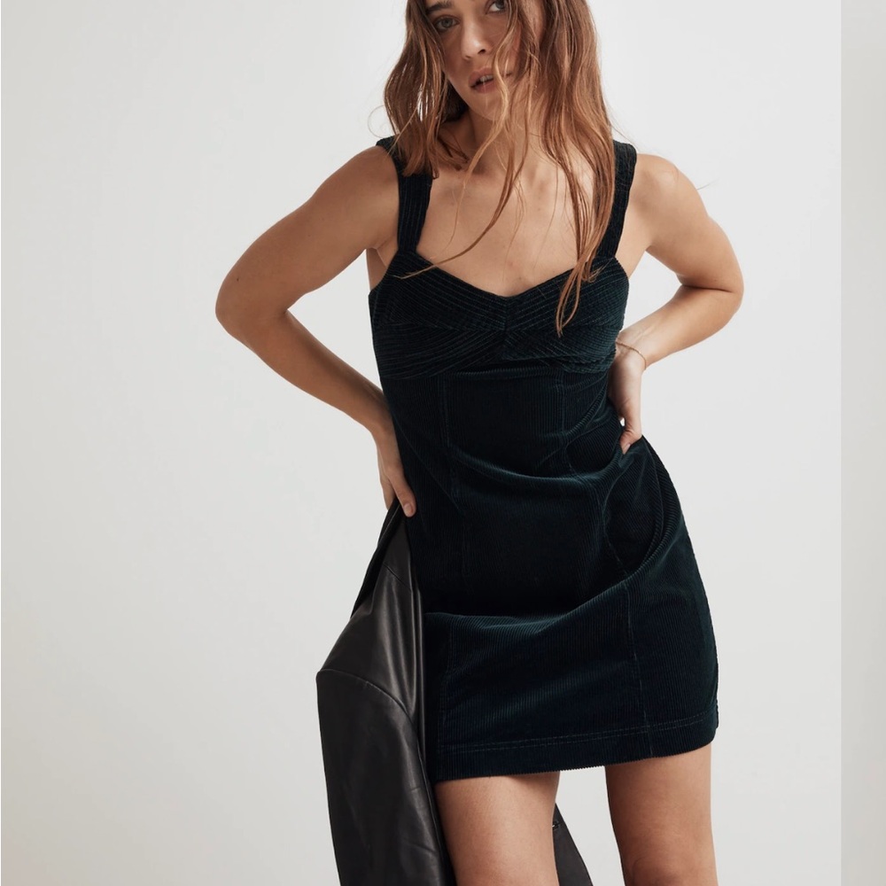Madewell Corduroy Sweetheart Mini Dress in “Ancient Forest”